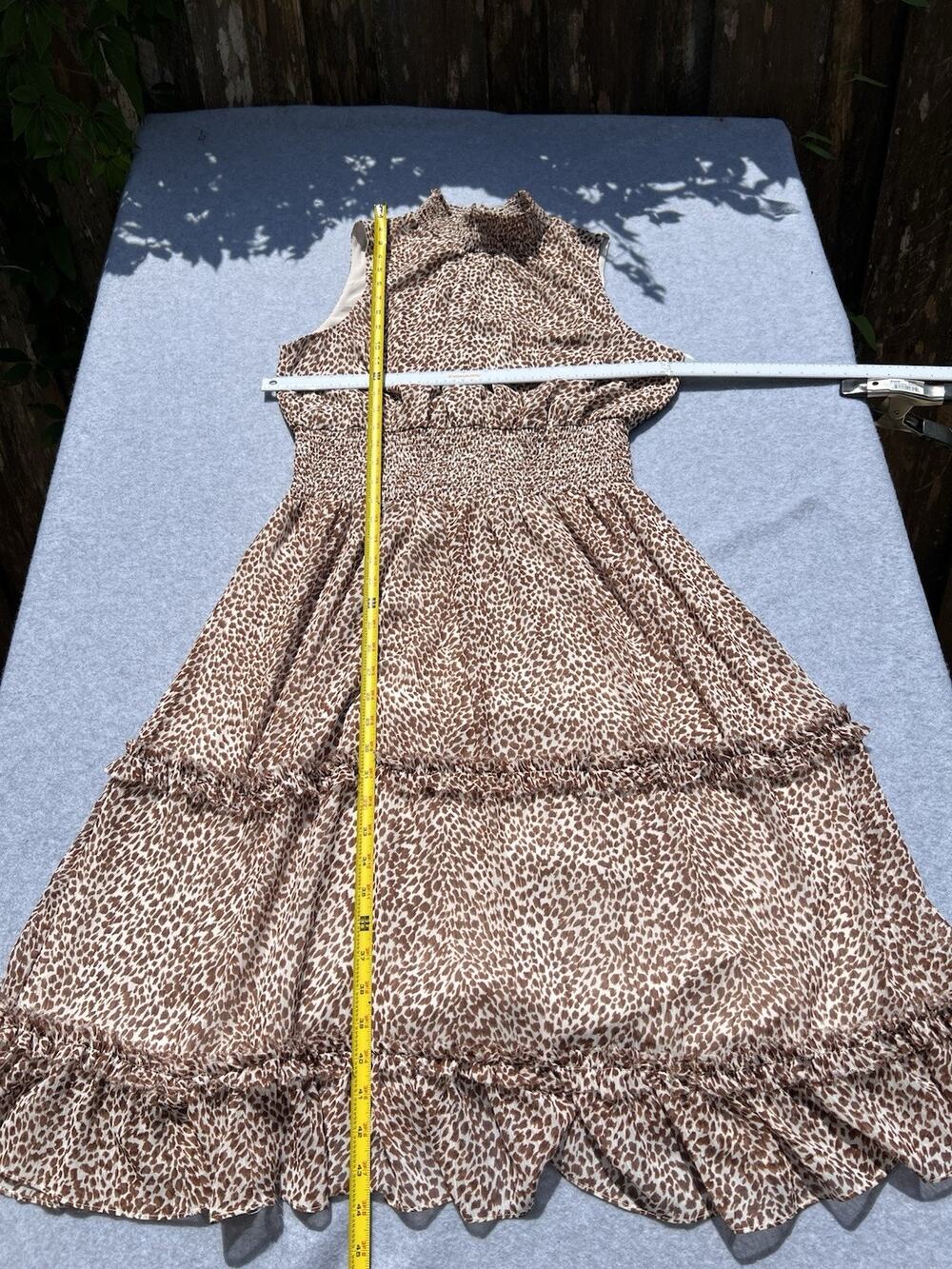 1.STATE Leopard Print Smocked High Neck Sleeveless tiered Midi Dress Women’s L